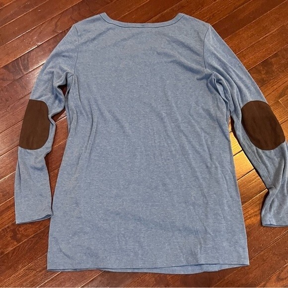 Long sleeve blue knit top with suede elbow patches and button detail size small - Picture 5 of 8